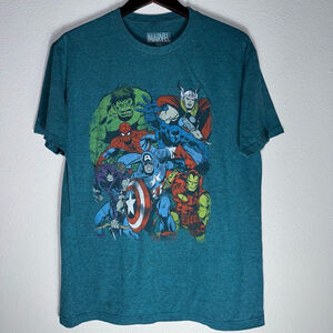 Marvel Shirt T-Shirt Tee Blue Spiderman Ironman Hulk Thor Size Men’s Large!
